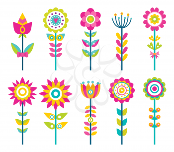 Wild field flowers in colorful ornamental design set. Unusual flowers of bright pieces. Plant with blossom on long stem isolated vector illustrations.