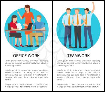 Colorful banners with office work and teamwork, vector illustrations with employees isolated on blue circles, black text sample, white background