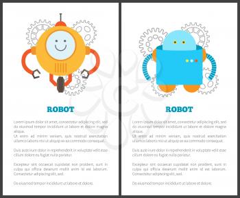 Fantastic mechanical robots with limbs and faces. Robots of round and square shapes with antenna and buttons vector illustrations on promo posters.