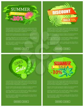 Summer sale collection of web pages with text sample and headlines, buttons and summer sale titles, vector illustration isolated on green background