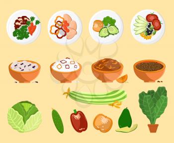 Avocado and dishes collection, plates and vegetarian food, cabbage and cucumber, pepper and vegetarian food vector illustration isolated on white