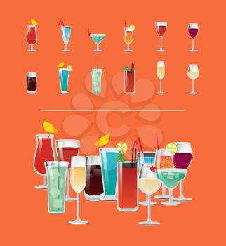 Set of tropical cocktails with orange juice, blue lagoon, bloody mary, vodka with cola, red and white wine and champagne vector illustration menu