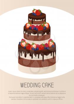Three-tier wedding cake with chocolate and cream layers decorated with ripe sweet strawberries isolated cartoon flat vector illustration