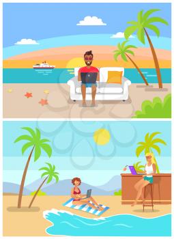Male and female freelancers work at beach. Man on sofa, woman on blanket and girl at bar with laptops work at tropical beach vector illustrations.