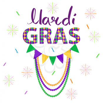 Magri gras carnival concept with confetti, fireworks, flag and beads garlands flat vector on white background. Masquerade decorations attributes illustration for costumed party or festival invitations