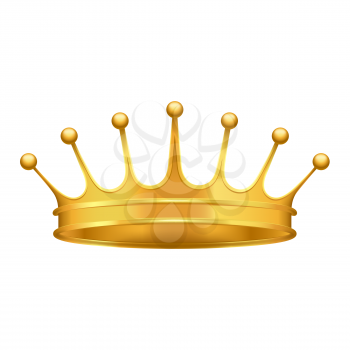Golden crown 3d icon. Shiny kings crown from precious metal realistic vector isolated on white. Monarch power symbol illustration