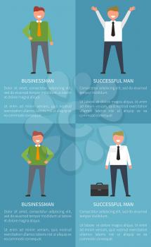Set of posters with businessman and successful man representing male with raised hands, person with suit full of money and satisfied human vector illustration
