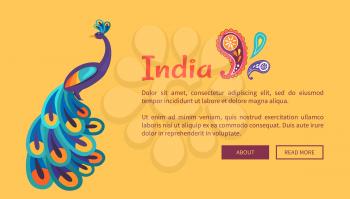 India happy Independence Day colorful celebrative vector web card in flat design of peacock animal and inscription on yellow background with feathers