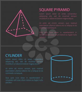 Square pyramid and cylinder set of posters with editable text and titles geometric shapes and forms headline shapes isolated on vector illustration