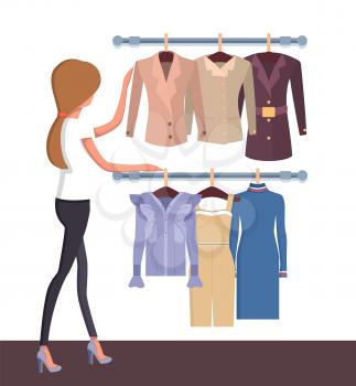 Pretty woman in vogue boutique, colorful poster, customer looking on vogue collection with dress, suit and jacket, cute shirts, vector illustration