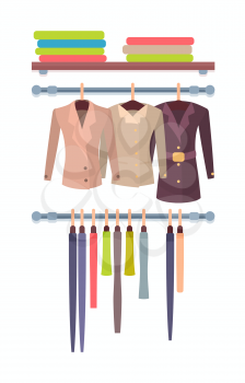 Shop window in store for women modern coats and jackets, sweaters on shelves and trousers and skirts hanging on hangers vector isolated on white