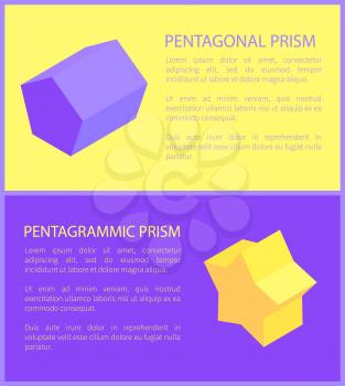 Pentagonal and pentagrammic geometric prisms, two color cards isolated on yellow and lilac, text sample, vector illustration, geometric figures set