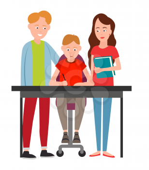 Parents help boy to do homework vector illustration isolated on white background. Father and mother stand near table and check written task of child