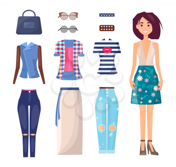 Girl in summer outfit with spare casual clothes. Young girl with summer clothes and accessories. Woman and stylish outfits vector illustrations set.