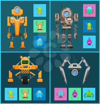 Futuristic cyborgs set, artificial intelligence, vector illustrations isolated on dark backdrops, humanoid robots, smart machines, round robot s lens