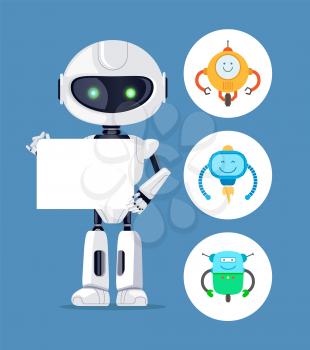 Holding a paper sheet humanoid robot, color card, pretty robots set isolated on white circles, cyborg with black mask on face, green glowing eyes