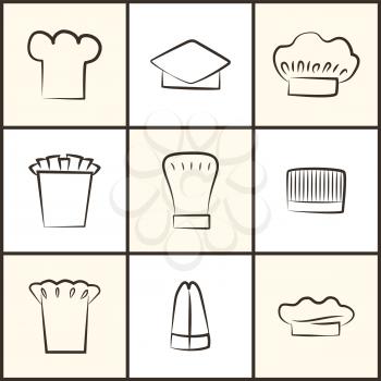 Chef hats of all designs monochrome sketches. Special headdresses for cooks collection. Chef hats as part of uniform isolated vector illustrations.