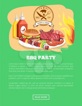 BBQ party website and button, text sample and headline, burger and fire, sausage and steak, bbq party and sauce vector illustration isolated on green