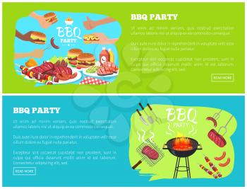BBQ party web sites with text sample and lettering, bbq party sausages and steak, meat and sauce grill isolated on green and blue vector illustration