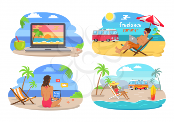 Freelance summer collection with people doing job using laptop, beach and seaside, freelance and distant work vector illustration isolated on white