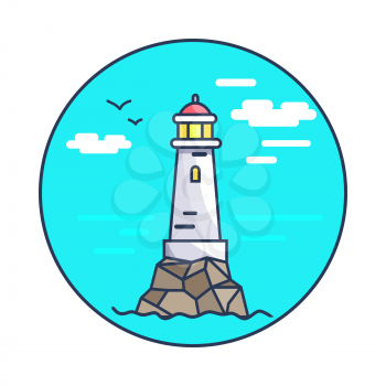 Beacon and rocks, circled icon, lighthouse and flying birds, sky and clouds, seawater and beacon vector illustration isolated on white background