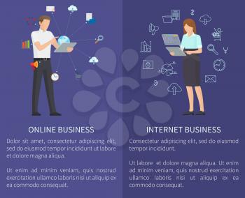 Internet and online business set, businesswoman and businessman with collection of icons text sample vector illustration isolated on purple background