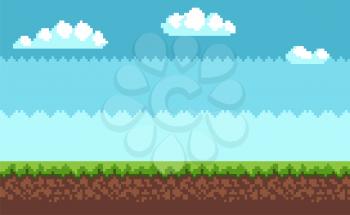 Landscape pixel art style blue sky, white clouds, green grass on ground vector illustration game interface design in 2D design, scenery of environment