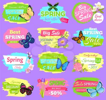 Discount spring sale collection of poster with titles and flowers butterflies and tulips spring sale and discounts set isolated on vector illustration