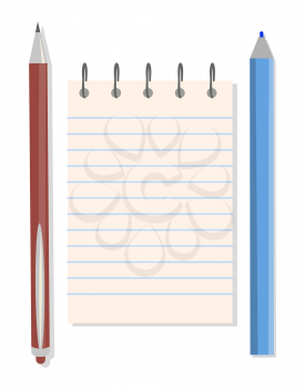 Notebook, pen and pencil, vector illustration isolated on white background, blue stripe on notebook s paper, items for notifications, chancery stuff