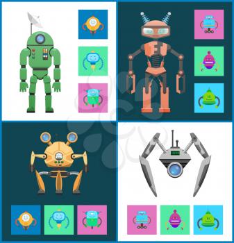 Start robots collection with screens and fire, robots set of different forms, mechanisms and science vector illustration isolated on white and blue