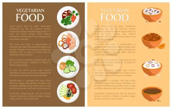 Vegetarian food, vector banner, icons collection, illustration with healthy dishes and salads in bowls and plates, vegetarian meal and text sample