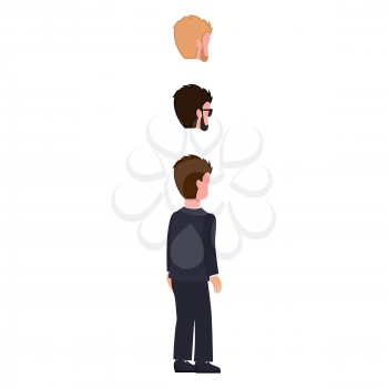 Character building elements, collection of heads, from behind, back of man wearing formal clothes, creation of male, isolated on vector illustration