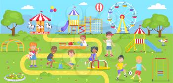 Happy kids spend time on childrens playground in city park. Vector illustration of adorable kindergarten characters walking outdoors in amusement center