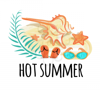 Hot summer banner vector illustration of pair of flip-flops on sand, sunglasses and sea star with marine starfish and plants on marine background