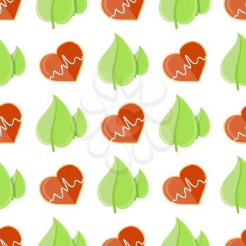 Seamless pattern with heart and cardiogram sign near green organic leaves vector illustration isolated on white background.