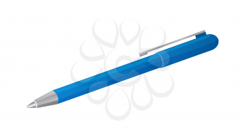 Blue pen isolated on white background. Vector illustration of writing tool with ballpoint ink stem and handle at end. School stationery object