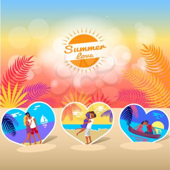 Summer love banner with photos of lovely young couple relaxing and dating on beach in hot season flat vector colorful posters in heart shape