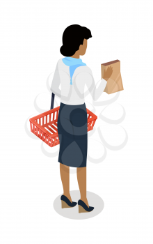Woman with empty shopping basket and paper bag standing backwards isometric vector. Shopping daily products concept isolated on white. Female character template make purchases in grocery store icon