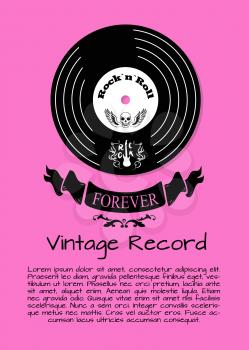 Rock and roll forever vintage record colorful poster with vinyl disc with skull and wings on it. Vector illustration of old vinyl record on pink background