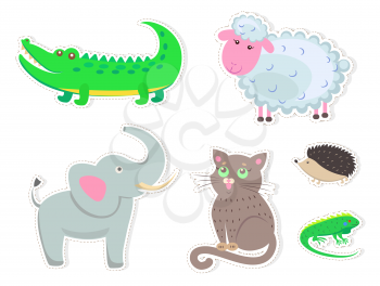 Funny cartoon animals isolated on white background. Big crocodile, white sheep, fluffy cat, small hedgehog, green lizard and friendly elephant vector illustrations. Cute quadruped friends stickers.