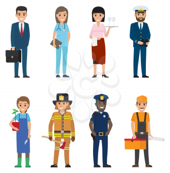 Professions people vector icons set. Different profession woman and man cartoon characters in uniform and with implements isolated on white. Occupations flat illustration for labor day, job concepts