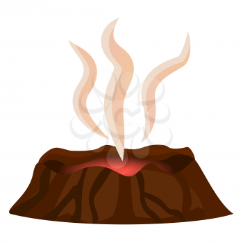Volcano stopped eruption of lava, smoke over top of crater isolated on white background. Mountain with crater and red center with hot thermal disaster, vector illustration in flat design cartoon style