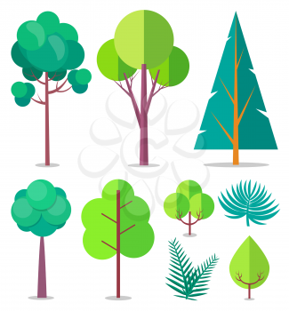 Vector illustartion made in flat design showing isolated trees and bushes of different sizes and shapes colored into vivid shades of green on white.