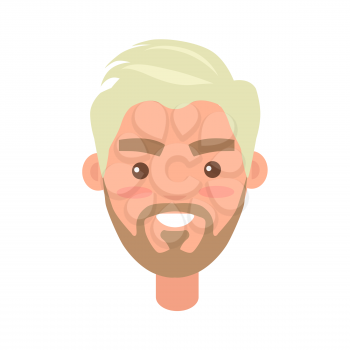 Young man toothy smiling face icon. Blond, bearded male with happy facial expression flat vector isolated on white background. Joyful guy cartoon emotive portrait for user avatar illustration