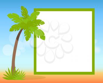 Hello summer 2017 poster with place for text in photo frame on background of blue sky with clouds and green palm vector illustration