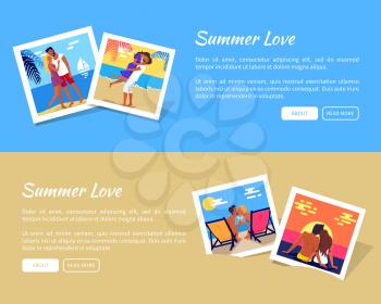Summer love web banner with photographs of lovely couple spending honeymoon or dating on tropical islands vector illustration with text