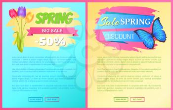 Discount 50 off advertisement stickers colorful bouquet with three tulips and blue butterfly vector illustration spring collection sale web posters