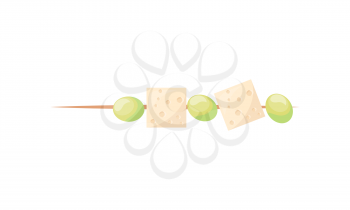 Delicious snack of cheese cubes and olives to wine. Small ingredients on thin toothpick. Delicious snack for white wine isolated vector illustration.