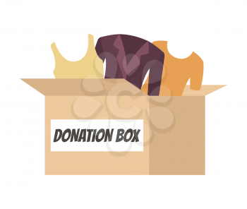 Big cardboard capacious donation box full of fashionable clothes for people in need isolated cartoon flat vector illustration on white background.