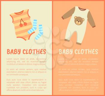 Baby Clothes, striped suit and socks, color card with baby suits, cute printed bear and cherry, apparel isolated on bright backdrops, text sample